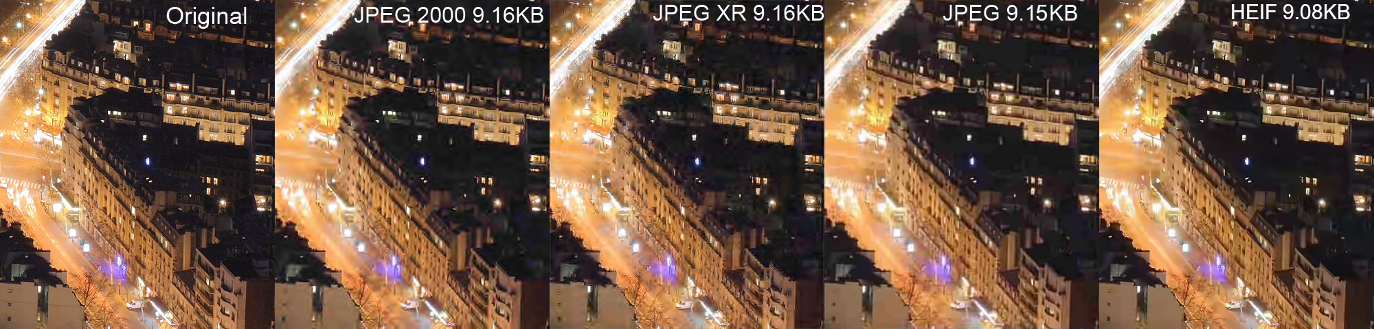 Same image at about 9 KB: original, JPEG 2000, JPEG XR, JPEG, HEIF